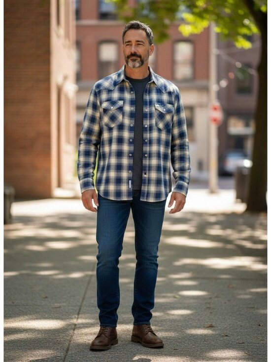 Wrangler Other - Wrangler Mens Blue Brown Plaid Button-Up Shirt Large Cotton Long Sleeves Western